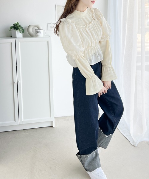 mily bilet(ミウィビレット)の「【mily bilet】着回し力抜群。シアージャガードトップス使いキャンディーリブハイネックカットソーアンサンブル(シャツ/ブラウス・レディース・アイボリー/ブラック/ベージュ・LARGE/X-LARGE/SMALL/MEDIUM)」の12枚目の写真