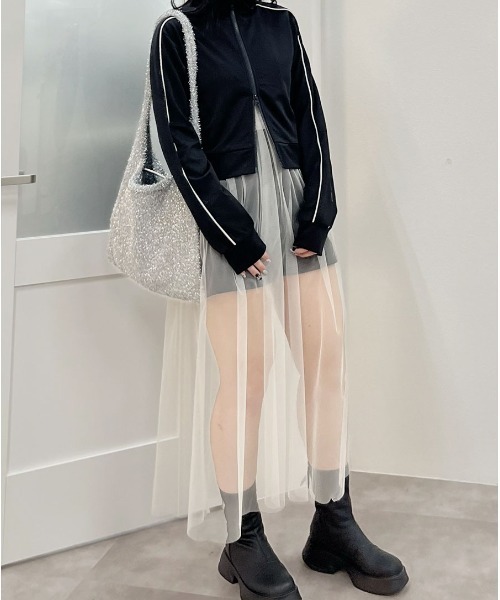 Reurie'(レウリィ)の「チュールキャミワンピース/tulle cami onepiece シアー シースルー 透け感 ロング丈 キャミソール フレア Aライン シンプル レイヤード 重ね着 カジュアル ガーリー 韓国(キャミソール・レディース・ブラック/アイボリー・FREE)」の4枚目の写真