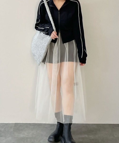 Reurie'(レウリィ)の「チュールキャミワンピース/tulle cami onepiece シアー シースルー 透け感 ロング丈 キャミソール フレア Aライン シンプル レイヤード 重ね着 カジュアル ガーリー 韓国(キャミソール・レディース・ブラック/アイボリー・FREE)」の12枚目の写真