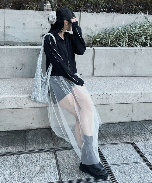 Reurie'(レウリィ)の「チュールキャミワンピース/tulle cami onepiece シアー シースルー 透け感 ロング丈 キャミソール フレア Aライン シンプル レイヤード 重ね着 カジュアル ガーリー 韓国(キャミソール・レディース・ブラック/アイボリー・FREE)」の5枚目の写真