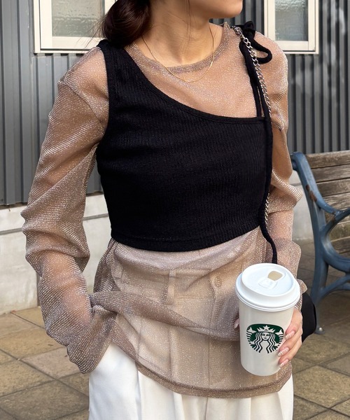ISOOK（アイスー）の「【ISOOK / アイスー】シアーオーバーラメトップス / 春服 春トップス ラメトップス シアートップス オケージョン シアーロンT ブラウス クルーネック オーバーサイズ ZOZOTOWN限定（Tシャツ/カットソー・レディース・ブラック/ホワイト/グレー/ブラウン・FREE）」の19枚目の写真