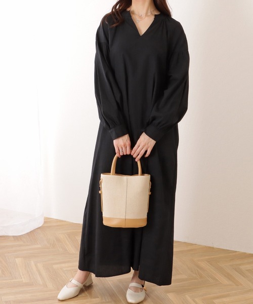 Lace Ladies(レースレディース)の「ソリッドカラー キーネック バルーン袖 マキシ ワンピース(ワンピース・レディース・ブラック/ベージュ/ホワイト・M)」の8枚目の写真
