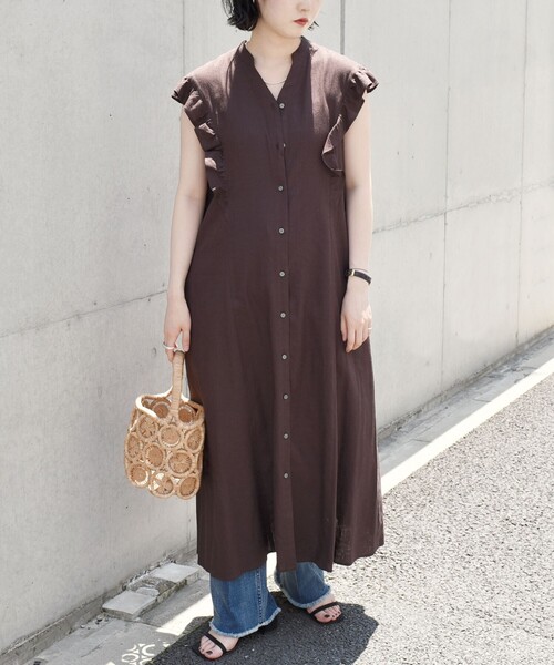 【セール】quaranciel:〈洗濯機可能〉リネン レーヨン フリル フレンチスリーブ シャツ ワンピース（ワンピース）｜quaranciel（カランシエル）
