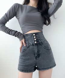 グレーのハイウエストデニムショートパンツ ハイウエストデニムショートパンツホットパンツブルーグレー
