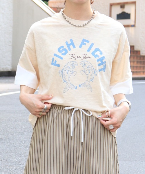 DOUBLE NAME（ダブルネーム）の「FISH FIGHTスラブ天竺TEE（Tシャツ/カットソー・レディース・ブルー/ベージュ/スミクロ・FREE）」の11枚目の写真