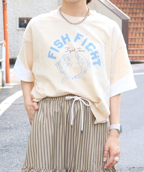 DOUBLE NAME（ダブルネーム）の「FISH FIGHTスラブ天竺TEE（Tシャツ/カットソー・レディース・ブルー/ベージュ/スミクロ・FREE）」の15枚目の写真