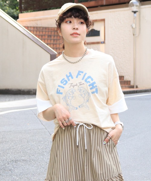 DOUBLE NAME（ダブルネーム）の「FISH FIGHTスラブ天竺TEE（Tシャツ/カットソー・レディース・ブルー/ベージュ/スミクロ・FREE）」の16枚目の写真