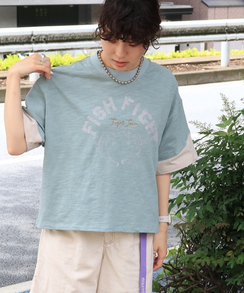 DOUBLE NAME（ダブルネーム）の「FISH FIGHTスラブ天竺TEE（Tシャツ/カットソー・レディース・ブルー/ベージュ/スミクロ・FREE）」の22枚目の写真