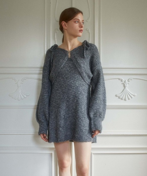 archives（アルシーヴ）の「Ｆホックニットボレロ×肩リボンキャミチュニックＳＥＴ（ワンピース・レディース・グレー/ブラウン/アイボリー・MEDIUM）」の4枚目の写真