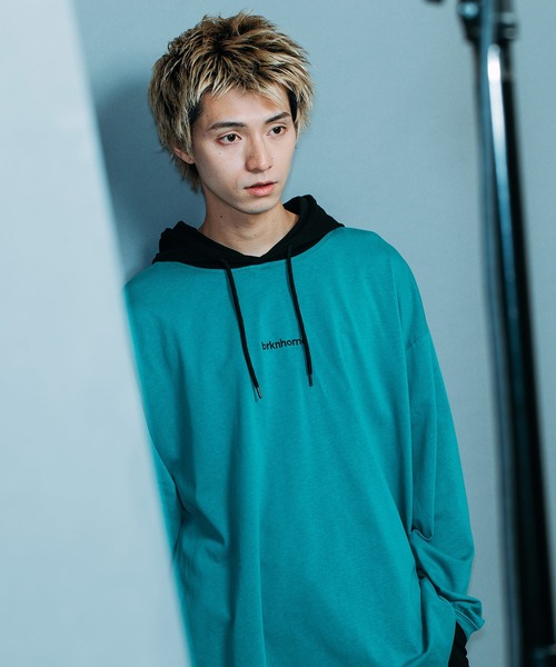 brknhome(ブロークンホーム)の「【brknhome/ブロークンホーム】ロングスリーブフーデッドTシャツ(Tシャツ/カットソー・メンズ・ブラック/グリーン/杢グレー・MEDIUM/LARGE)」の1枚目の写真