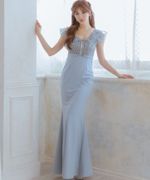 Tika(ティカ)の「キャバドレス ロング タイト フラワーレースフリル袖バストジップ切り替えバックスリットストレッチドレス(ドレス・レディース・ブルー/ピンク・L/M/S/XL/XXL)」の6枚目の写真