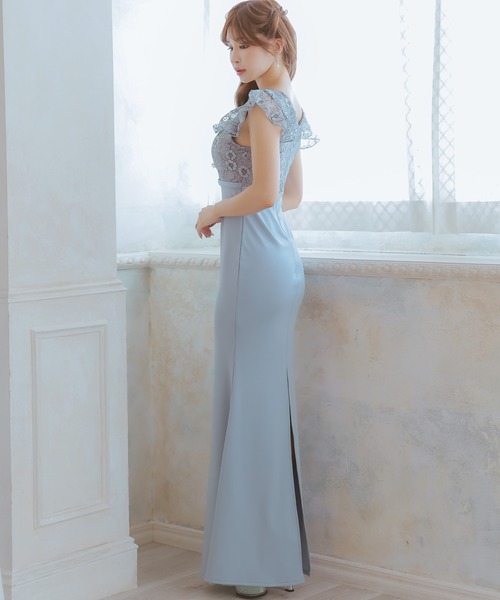 Tika(ティカ)の「キャバドレス ロング タイト フラワーレースフリル袖バストジップ切り替えバックスリットストレッチドレス(ドレス・レディース・ブルー/ピンク・L/M/S/XL/XXL)」の7枚目の写真