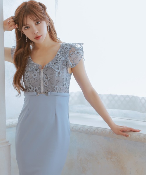 Tika(ティカ)の「キャバドレス ロング タイト フラワーレースフリル袖バストジップ切り替えバックスリットストレッチドレス(ドレス・レディース・ブルー/ピンク・L/M/S/XL/XXL)」の9枚目の写真