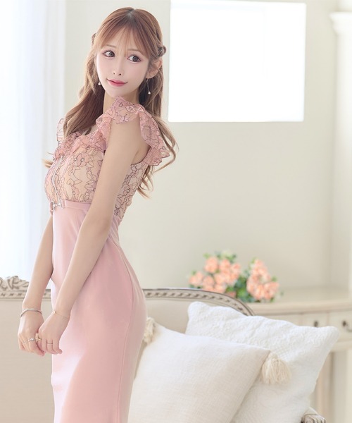 Tika(ティカ)の「キャバドレス ロング タイト フラワーレースフリル袖バストジップ切り替えバックスリットストレッチドレス(ドレス・レディース・ブルー/ピンク・L/M/S/XL/XXL)」の11枚目の写真