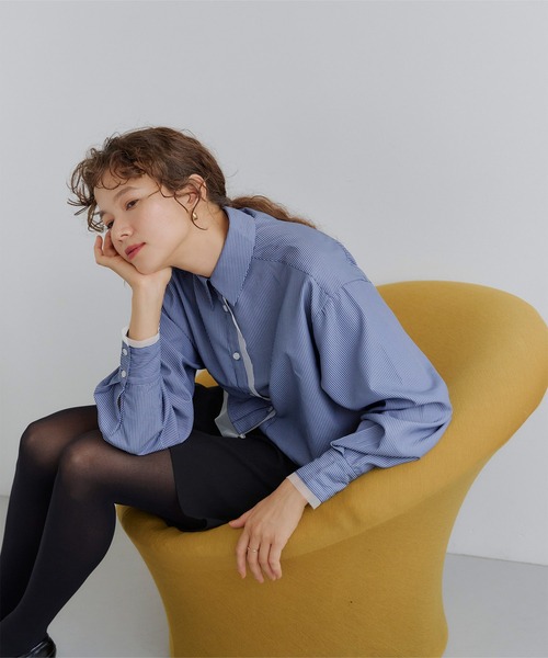 seyto セイト チュール レイヤード ストライプ シャツ L ブルー 3 Tulle layered striped shirt / チュールレイヤードストライプ