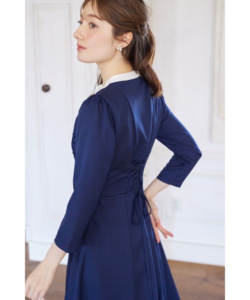 あれたべよー セール】ヨークレース切替レースアップ長袖ワンピース