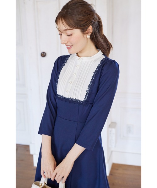 セール】ヨークレース切替レースアップ長袖ワンピース（ワンピース