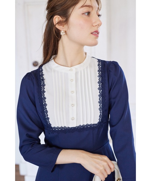 綿　お単衣163cm セール】ヨークレース切替レースアップ長袖ワンピース