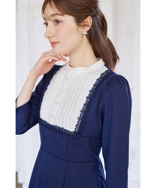 ヨークレース切替レースアップ長袖ワンピース（ワンピース）｜tocco