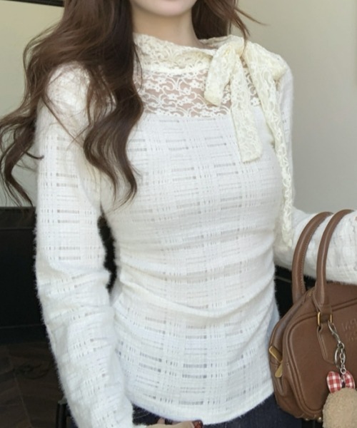 ホワイトレースリボン付き長袖シャツ セール】Y2Kリボン付きレースインナー 長袖 シンプル＆デイリー