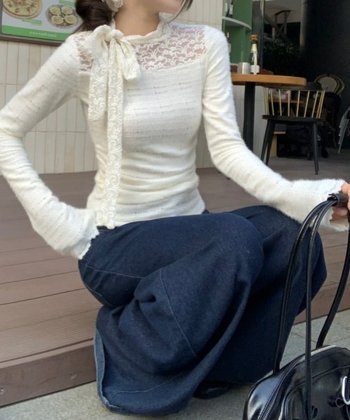 セール】Y2Kリボン付きレースインナー 長袖 シンプル＆デイリー