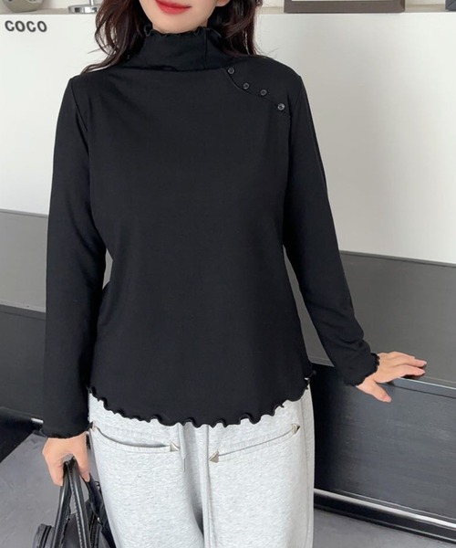 aimoha(アイモハ)の「ショルダーボタンリブメロウハイネックトップス(Tシャツ/カットソー・レディース・ホワイト/ワインレッド/ブラック/チョコ/カーキ/グレー・FREE)」の11枚目の写真
