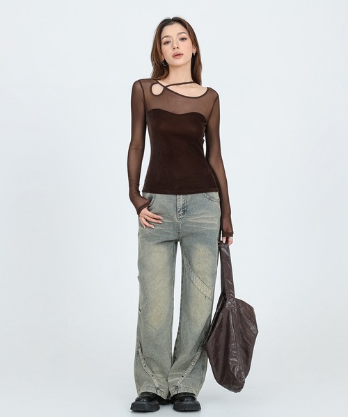 SUWDEE(スーディー)の「back laceup sheer tops(Tシャツ/カットソー・レディース・ブラウン/アイボリー/ブラック・FREE)」の1枚目の写真