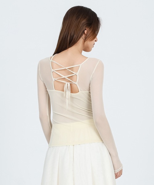 SUWDEE(スーディー)の「back laceup sheer tops(Tシャツ/カットソー・レディース・ブラウン/アイボリー/ブラック・FREE)」の11枚目の写真