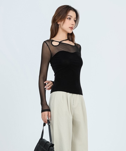 SUWDEE(スーディー)の「back laceup sheer tops(Tシャツ/カットソー・レディース・ブラウン/アイボリー/ブラック・FREE)」の6枚目の写真