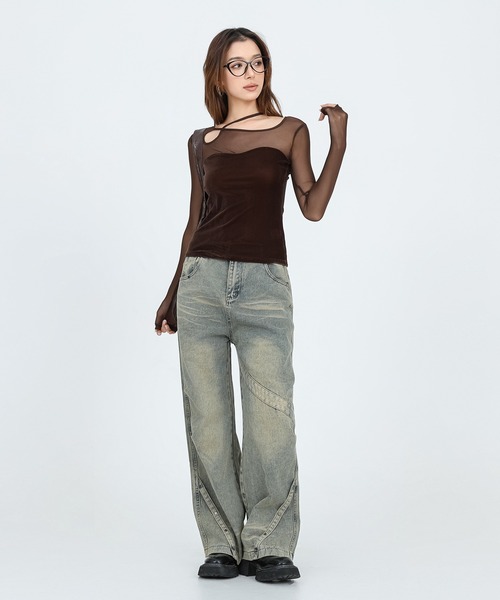 SUWDEE(スーディー)の「back laceup sheer tops(Tシャツ/カットソー・レディース・ブラウン/アイボリー/ブラック・FREE)」の13枚目の写真