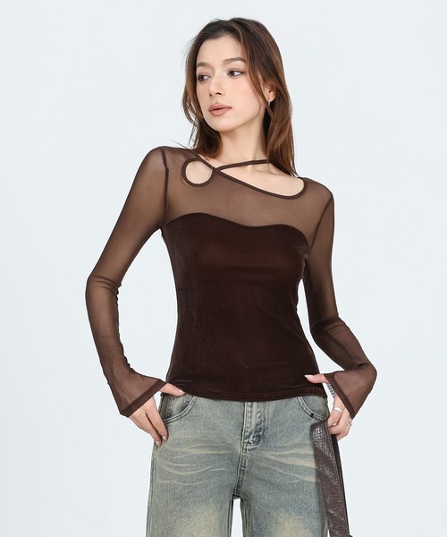 SUWDEE(スーディー)の「back laceup sheer tops(Tシャツ/カットソー・レディース・ブラウン/アイボリー/ブラック・FREE)」の14枚目の写真