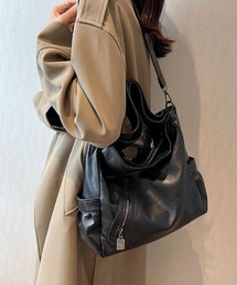 【軽量・多ポケット】2WAY レザータッチくったりフォルムトートバッグ/ショルダーバッグ