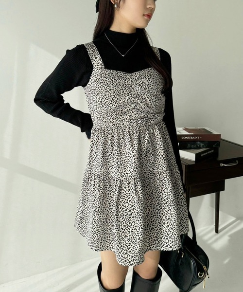 one after another NICE CLAUP（ワンアフターアナザーナイスクラップ）の「ティアードミニワンピース（ワンピース・レディース・レオパード/ブラック/アイボリー/ミント・FREE）」の4枚目の写真