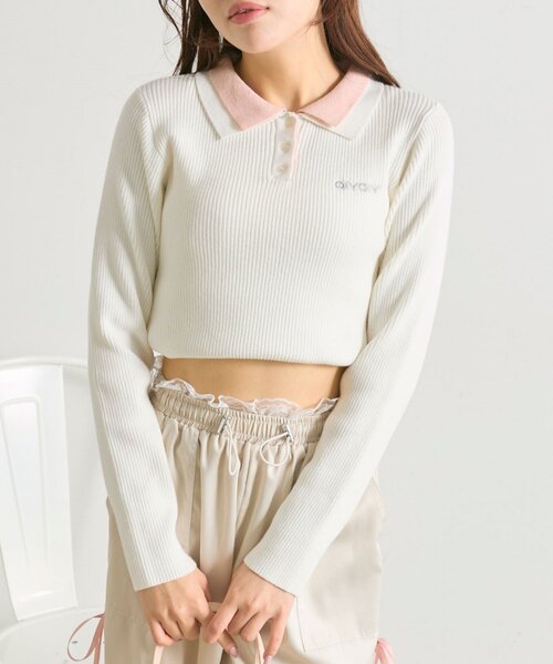 OLIVE des OLIVE（オリーブデオリーブ）の「2枚衿ポロシャツ（ニット/セーター・レディース・ネイビー/オフホワイト/マルチ/トップグレー・FREE）」の6枚目の写真