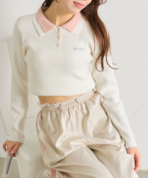 OLIVE des OLIVE（オリーブデオリーブ）の「2枚衿ポロシャツ（ニット/セーター・レディース・ネイビー/オフホワイト/マルチ/トップグレー・FREE）」の9枚目の写真