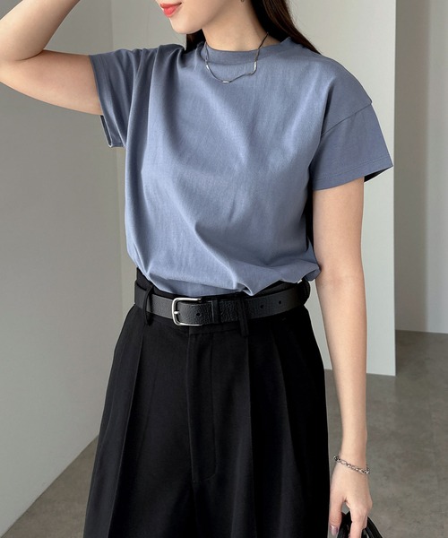 andme(アンドミー)の「汗染み防止コンパクトフレンチスリーブTシャツ(Tシャツ/カットソー・レディース・ネイビー/チャコールグレー/杢グレー/オフホワイト/グレイッシュブルー/ブラック・L/M)」の1枚目の写真
