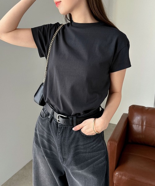 andme(アンドミー)の「汗染み防止コンパクトフレンチスリーブTシャツ(Tシャツ/カットソー・レディース・ネイビー/チャコールグレー/杢グレー/オフホワイト/グレイッシュブルー/ブラック・L/M)」の9枚目の写真