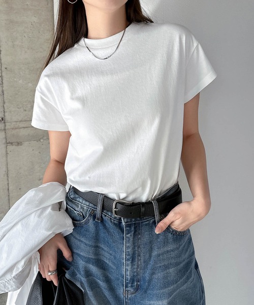 andme(アンドミー)の「汗染み防止コンパクトフレンチスリーブTシャツ(Tシャツ/カットソー・レディース・ネイビー/チャコールグレー/杢グレー/オフホワイト/グレイッシュブルー/ブラック・L/M)」の7枚目の写真
