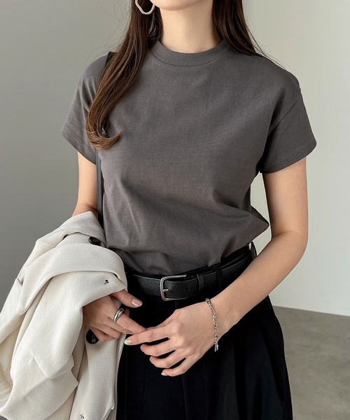 andme(アンドミー)の「汗染み防止コンパクトフレンチスリーブTシャツ(Tシャツ/カットソー・レディース・ネイビー/チャコールグレー/杢グレー/オフホワイト/グレイッシュブルー/ブラック・L/M)」の19枚目の写真