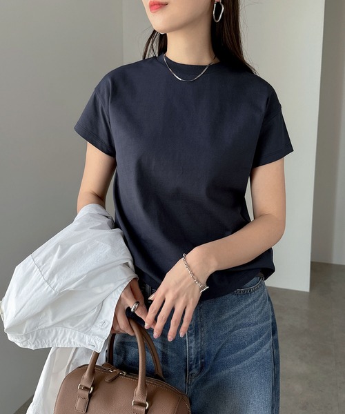 andme(アンドミー)の「汗染み防止コンパクトフレンチスリーブTシャツ(Tシャツ/カットソー・レディース・ネイビー/チャコールグレー/杢グレー/オフホワイト/グレイッシュブルー/ブラック・L/M)」の17枚目の写真
