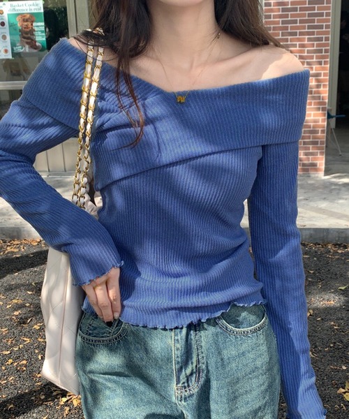 WESTSEA(ウエストシー)の「クロス オフショルダー リブニットトップス(ニット/セーター・レディース・ピンク/ベージュ/ブルー・FREE)」の2枚目の写真