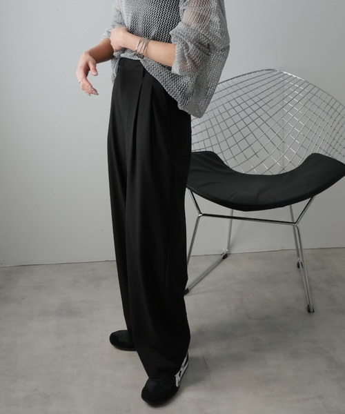 90s サマーウール×レーヨン ツータック ワイド スラックス ブラック 2tuck wide Slacks / ツータックワイドスラックス（スラックス