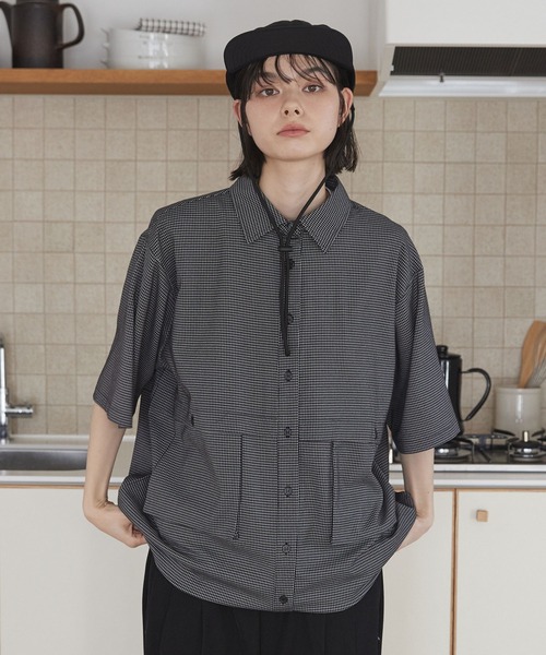 【HUECLOSET】★送料・関税込★モノチェックハーフシャツ Unblend】立体ポケット 裾ドローコード ハーフスリーブ チェック