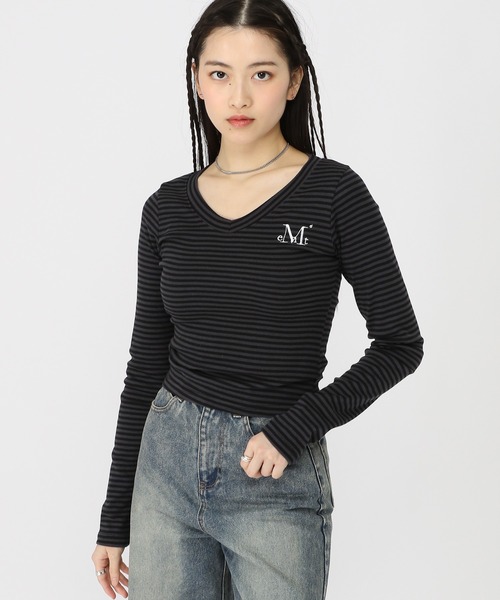 MUCENT（ムセント）の「MUCENT／Vネックボーダーロングスリーブ（Tシャツ/カットソー・レディース・チャコール/ホワイト・FREE）」の15枚目の写真