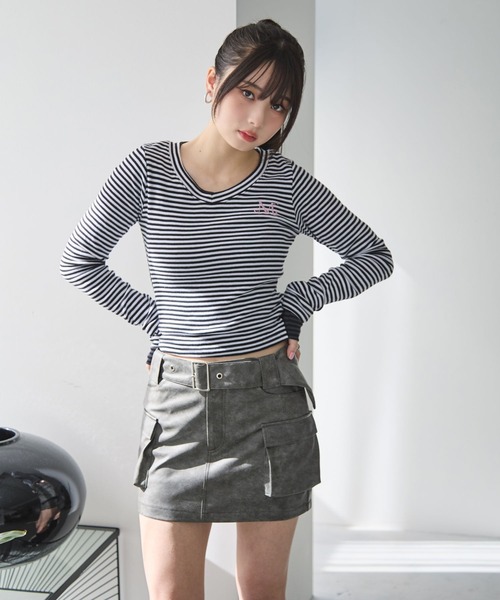 MUCENT／Vネックボーダーロングスリーブ（Tシャツ/カットソー