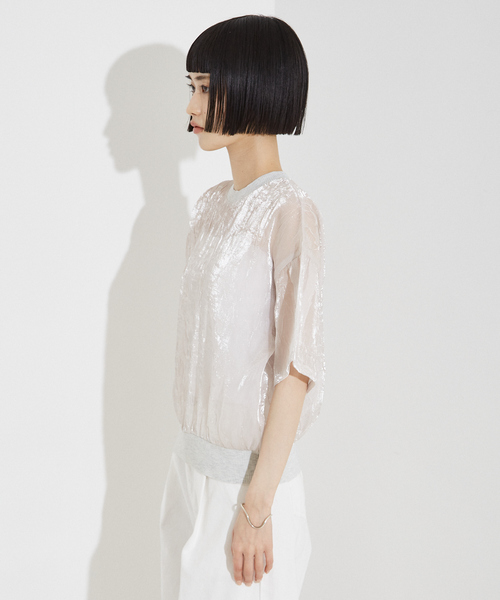 NOMINE(ノミネ)の「【セットアップ着用可】シャイン リンクル シアー Tシャツ(Tシャツ/カットソー・レディース・ブルー/ブラック/アイボリー・フリー)」の6枚目の写真