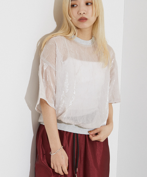 NOMINE(ノミネ)の「【セットアップ着用可】シャイン リンクル シアー Tシャツ(Tシャツ/カットソー・レディース・ブルー/ブラック/アイボリー・フリー)」の21枚目の写真