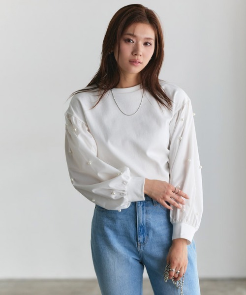 Pierrot(ピエロ)の「袖パールデザイントップス(Tシャツ/カットソー・レディース・ブラック/オフホワイト・L/M)」の18枚目の写真
