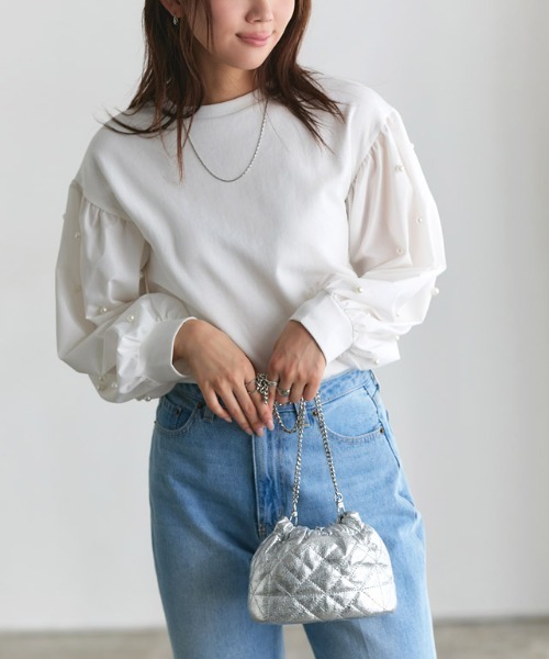 Pierrot(ピエロ)の「袖パールデザイントップス(Tシャツ/カットソー・レディース・ブラック/オフホワイト・L/M)」の5枚目の写真