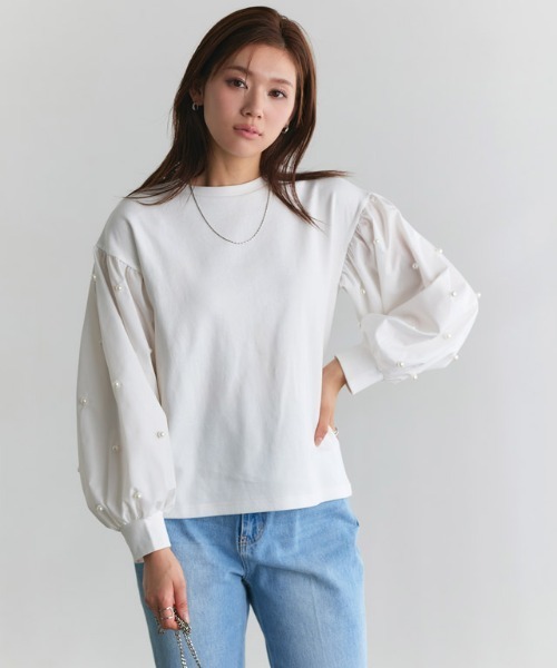 Pierrot(ピエロ)の「袖パールデザイントップス(Tシャツ/カットソー・レディース・ブラック/オフホワイト・L/M)」の6枚目の写真